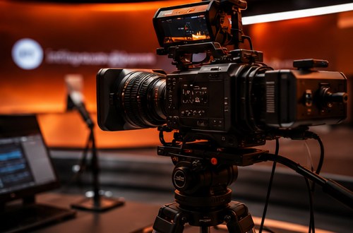 Kamera auf Stativ im Studio mit warmer Hintergrundbeleuchtung