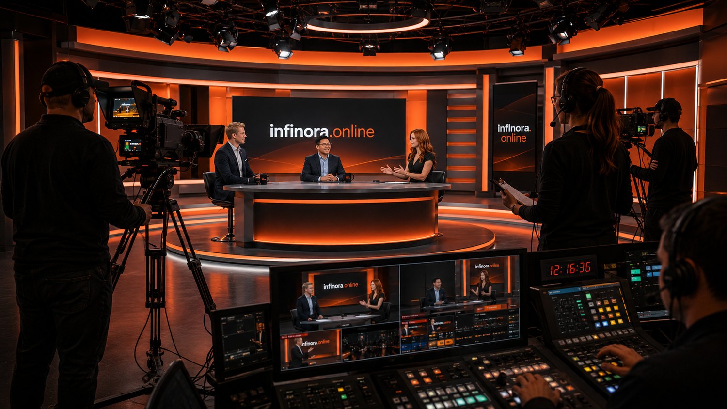 Aufzeichnung im Studio von infinora.online: Moderation am Sendetisch, Kameras und Regie im Hintergrund
